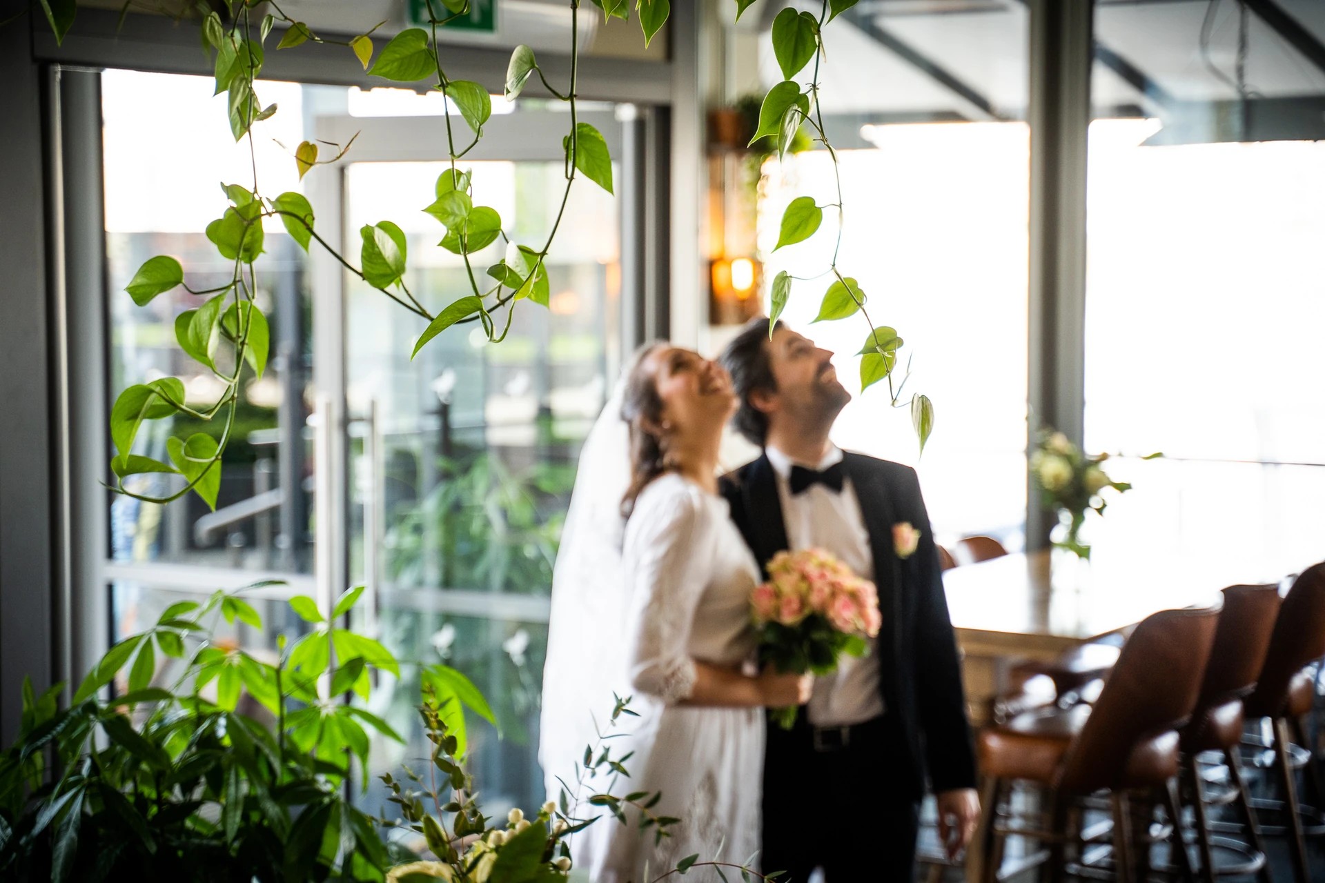 A newlywed couple, dressed in traditional wedding attire, stands in a modern, minimalist room with large windows revealing a serene outdoor view. The couple gazes upwards, their faces lit by a hanging plant with green leaves. The room features a wooden floor, a wooden table, and a hanging light fixture. The scene is harmonious and romantic, capturing a moment of joy and celebration.