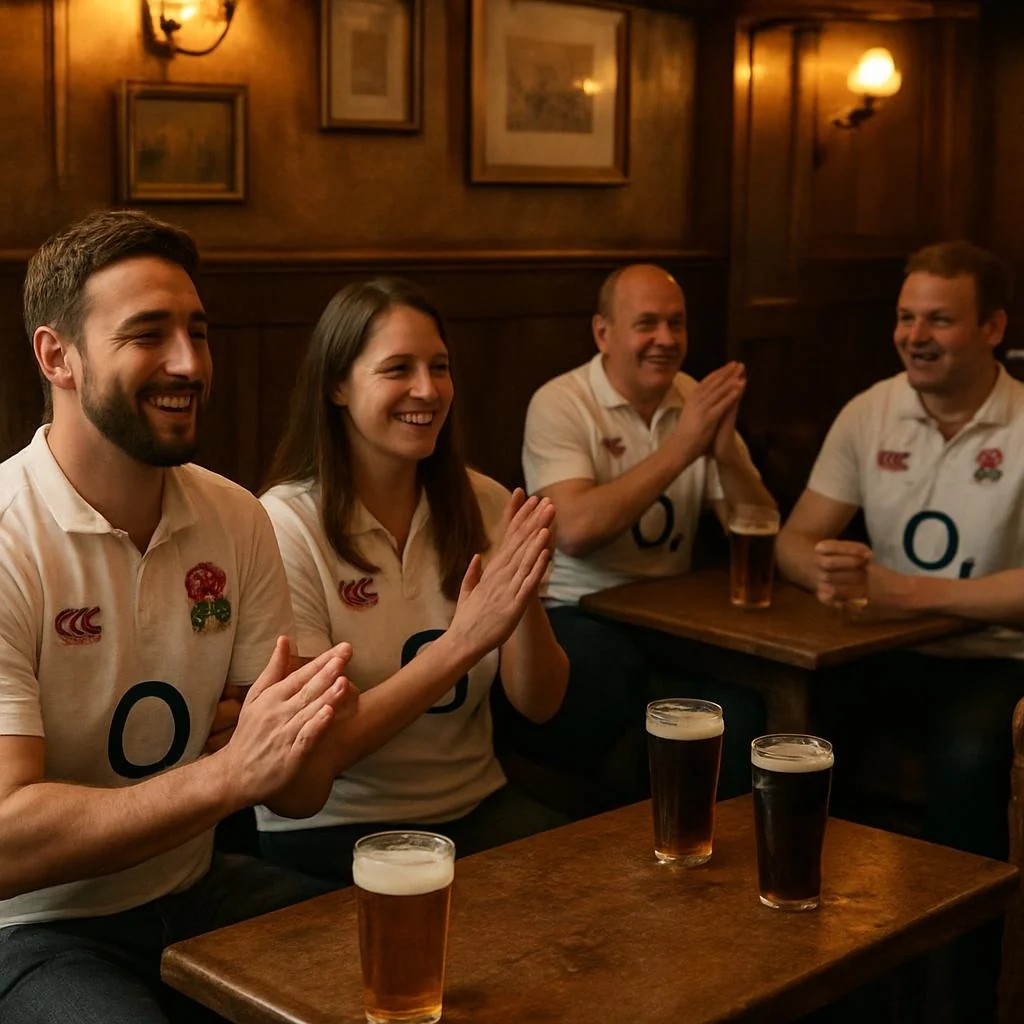 In a dimly lit bar, four individuals in white polo shirts with red and black accents are gathered, their faces lit up with joy. They are seated at a wooden table with four glasses of beer, each filled with dark beer. The background features wooden walls and a hanging lamp, creating a warm and inviting atmosphere.