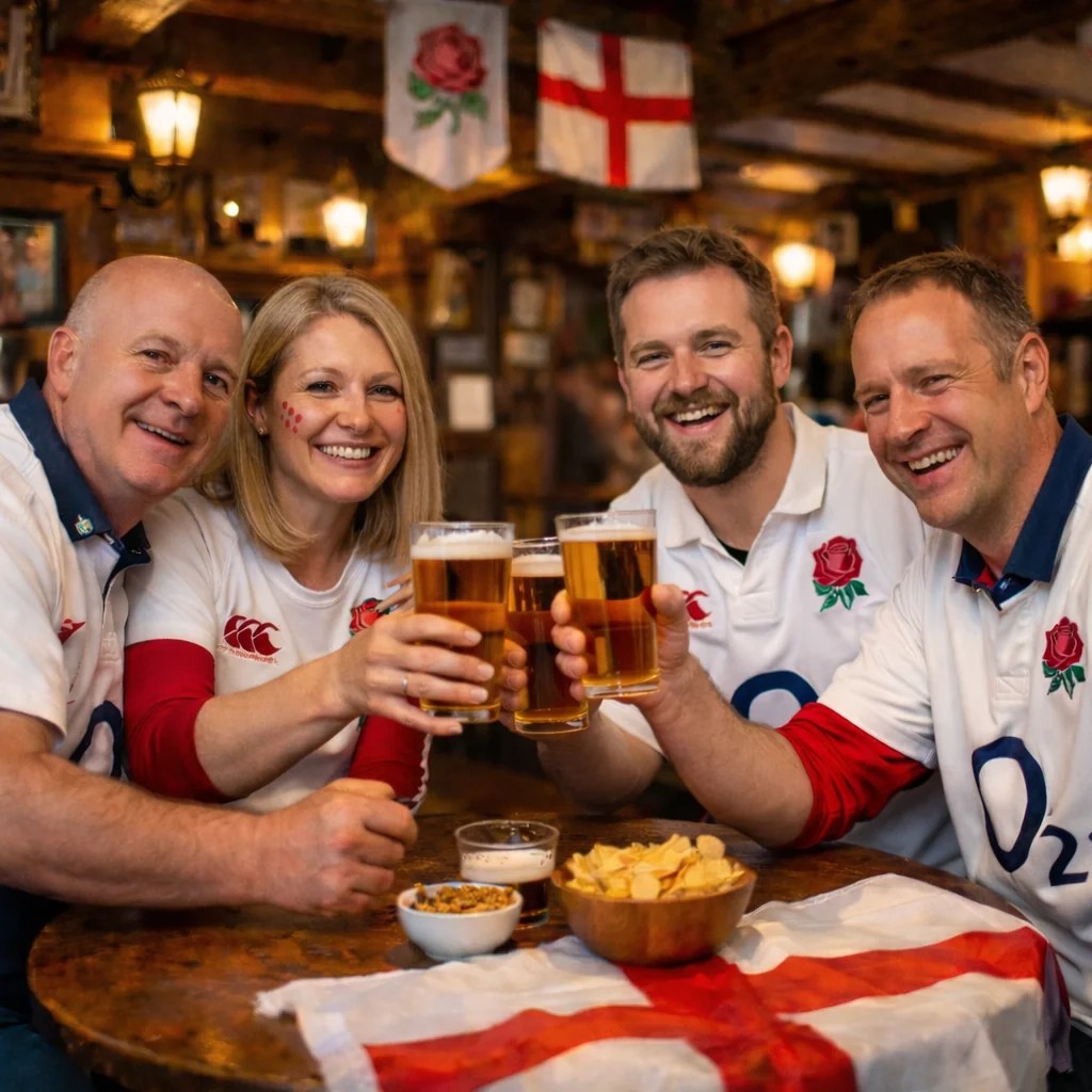 A group of four people, dressed in red and white rugby jerseys, gather around a round wooden table in a pub or restaurant. They are holding up glasses of beer, with one person holding a bowl of chips. The table is adorned with a British flag, a red and white striped tablecloth, and a bowl of chips. The scene is lively and convivial, with a warm and inviting atmosphere.