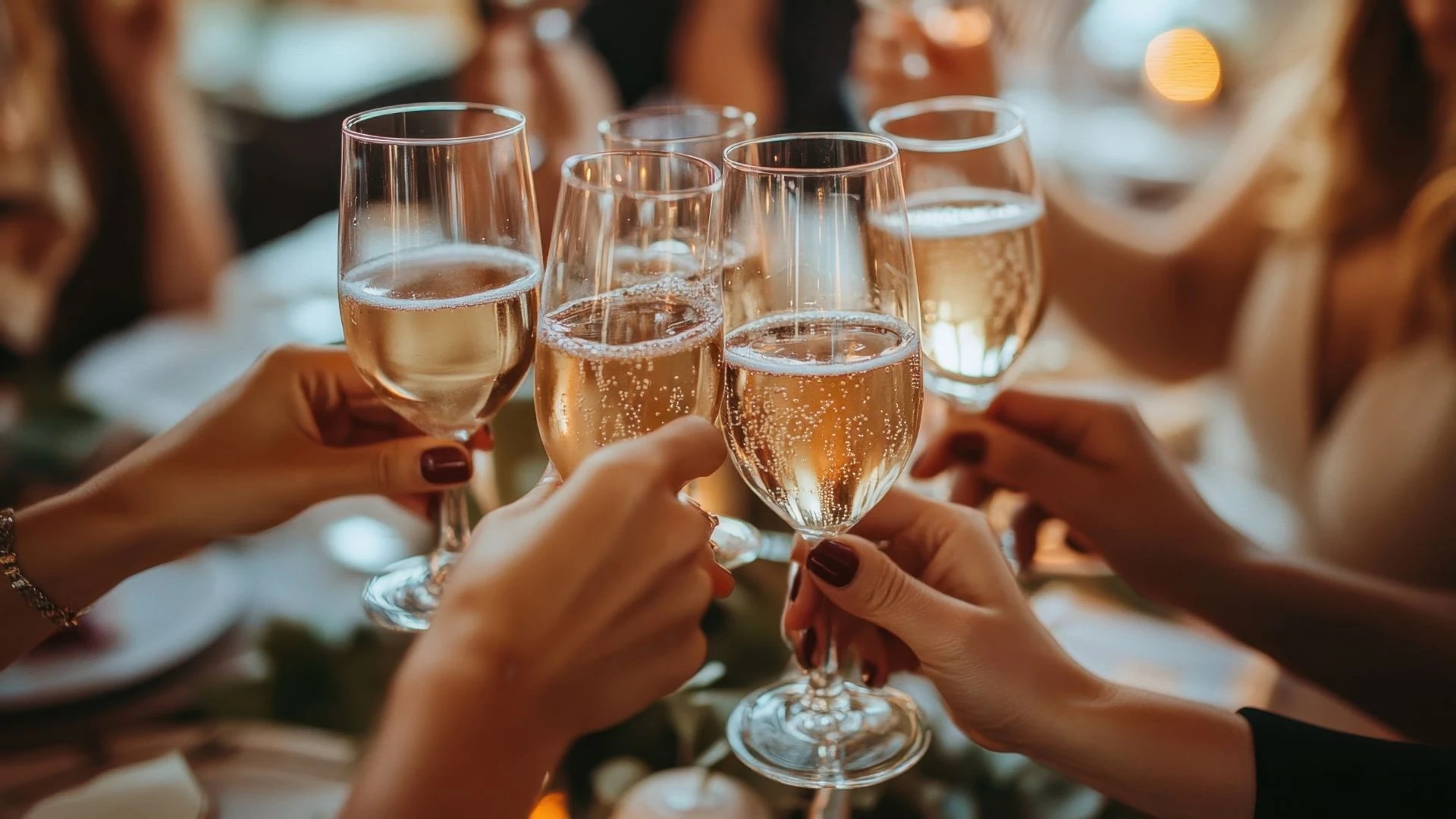 A group of people in a restaurant or bar, holding champagne glasses and raising them in a toast, are surrounded by a table with a white tablecloth and greenery. The background is blurred, suggesting a lively atmosphere. The image captures a moment of celebration and joy.