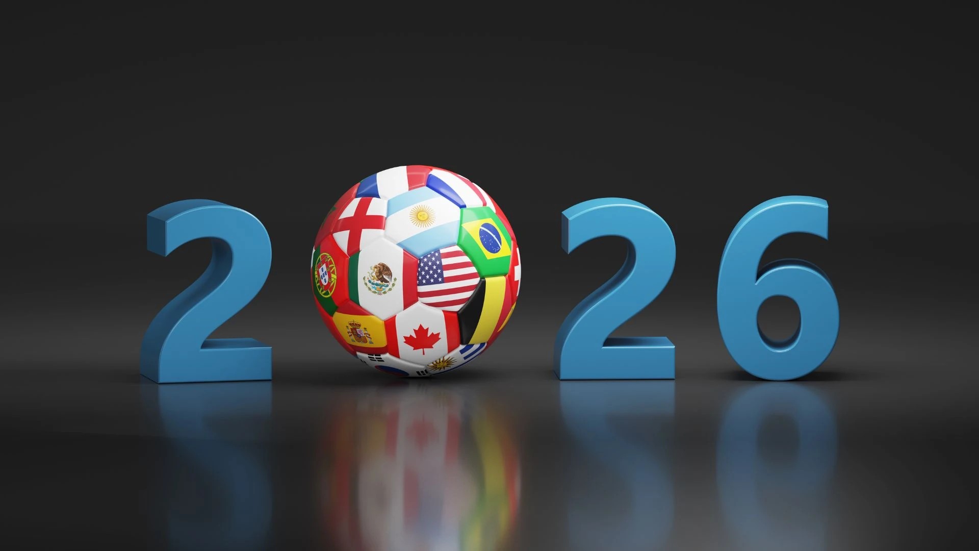 A 3D soccer ball with a vibrant, multicolored flag design is centrally positioned in the image, with the number 2020 in blue letters. The ball's reflection is visible on the black background, creating a sense of depth and dimension. The image conveys a celebratory or庆uous message related to the 2020 global health crisis.