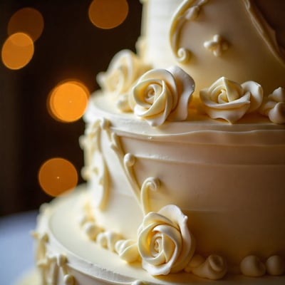 The image features a three-tiered wedding cake with white frosting, ornate rose decorations, and a subtle gold border. The cake is set on a white plate against a dark background, with a blurred background of orange and yellow lights. The cake is the main focus, with no other objects or actions.