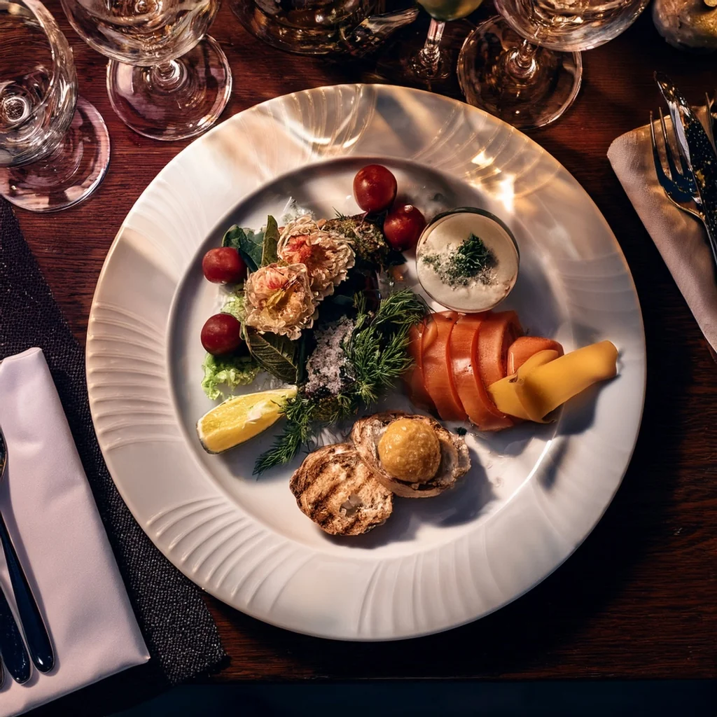A white plate with a variety of food items is at the center of a dark wooden table, surrounded by a black napkin, fork, knife, and wine glasses. The plate features salmon, cheese, cherry tomatoes, and a small white sauce. The arrangement creates a visually appealing and balanced scene.