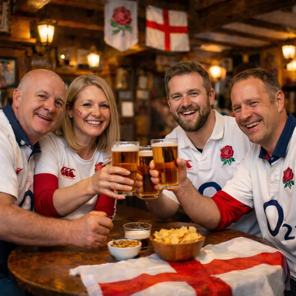 A group of four people, dressed in red and white rugby jerseys, gather around a round wooden table in a pub or restaurant. They are holding up glasses of beer, with one person holding a bowl of chips. The table is adorned with a British flag, a red and white striped tablecloth, and a bowl of chips. The scene is lively and convivial, with a warm and inviting atmosphere.