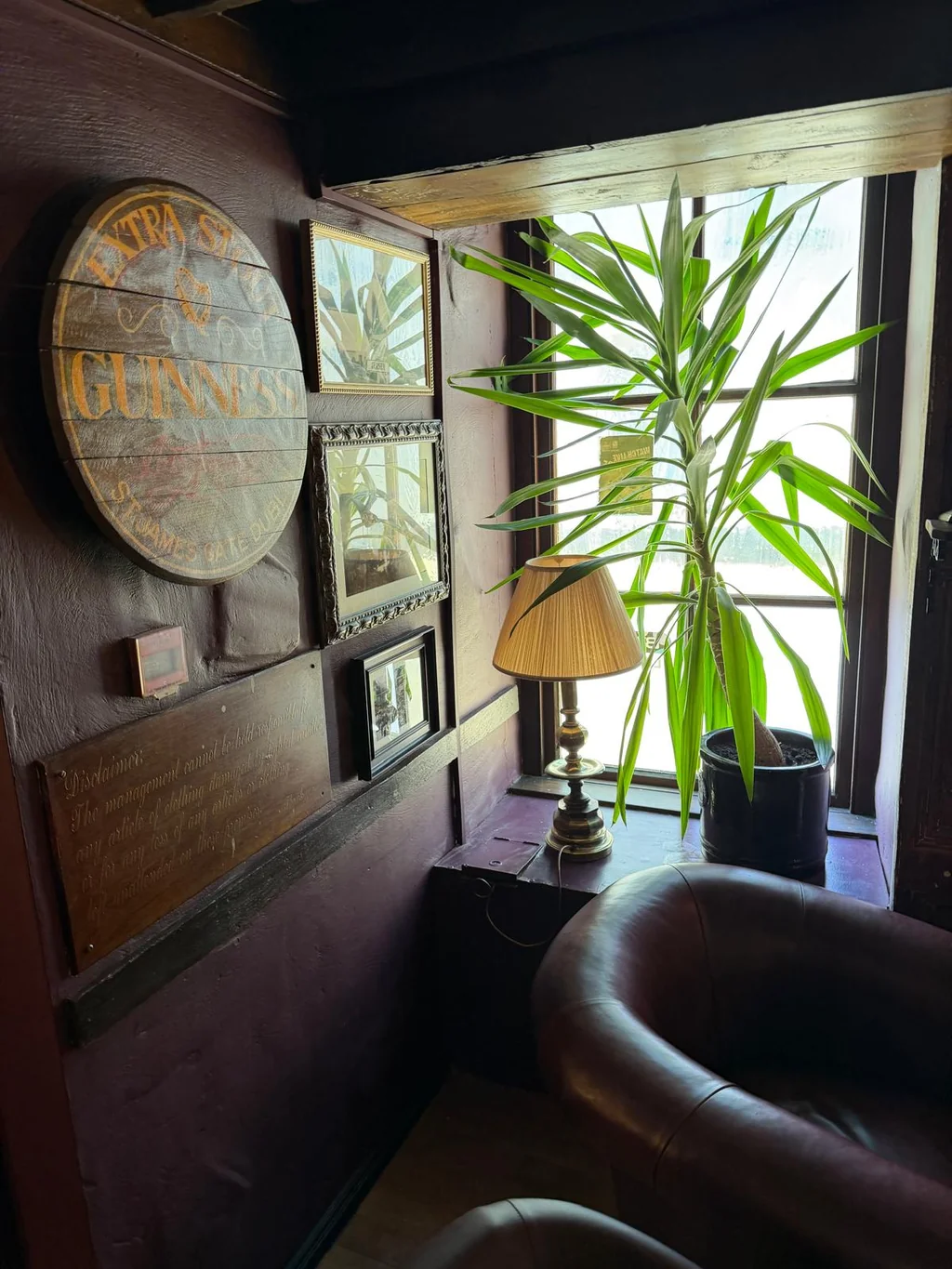 The image features a cozy corner of a room with a wooden floor, a large potted plant in a black pot, a wooden table with a lamp, and a wooden wall with a "The Old Bar" sign and a "The Old Bar" sign above it. The room is illuminated by natural light from a window, creating a warm and inviting atmosphere.