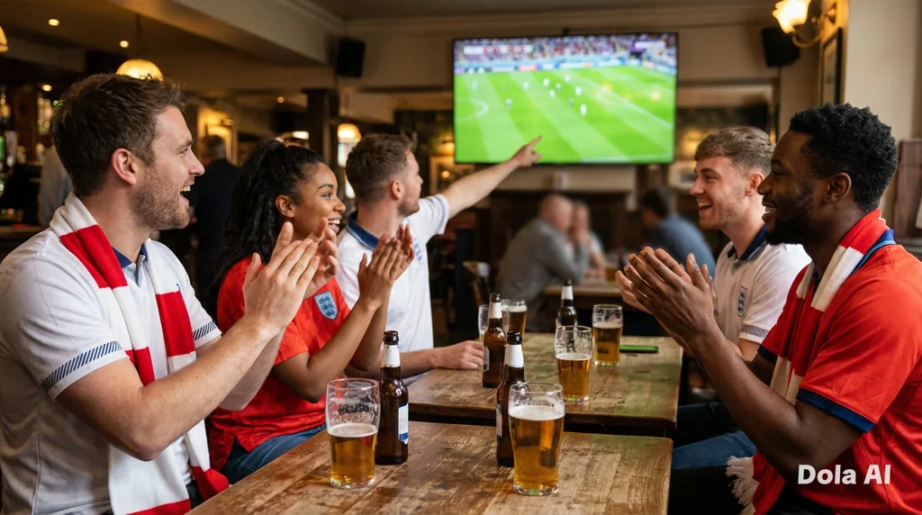 In a lively bar, a group of people in red and white jerseys gather around a wooden table, enjoying a beer and a soccer match on a large television screen. The atmosphere is casual and friendly, with some individuals clapping and others laughing. The scene captures a moment of camaraderie and shared enjoyment.