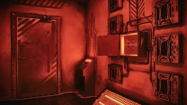 The image features a dimly lit, red-walled room with a large, dark door on the left, a small window on the right, and a small shelf on the wall. The room has a vintage feel, with a metal door and a metal shelf. The floor is covered in a dark carpet, and the walls are adorned with ornate mirrors and a red door. The room is illuminated by a small light fixture, creating a mysterious atmosphere.