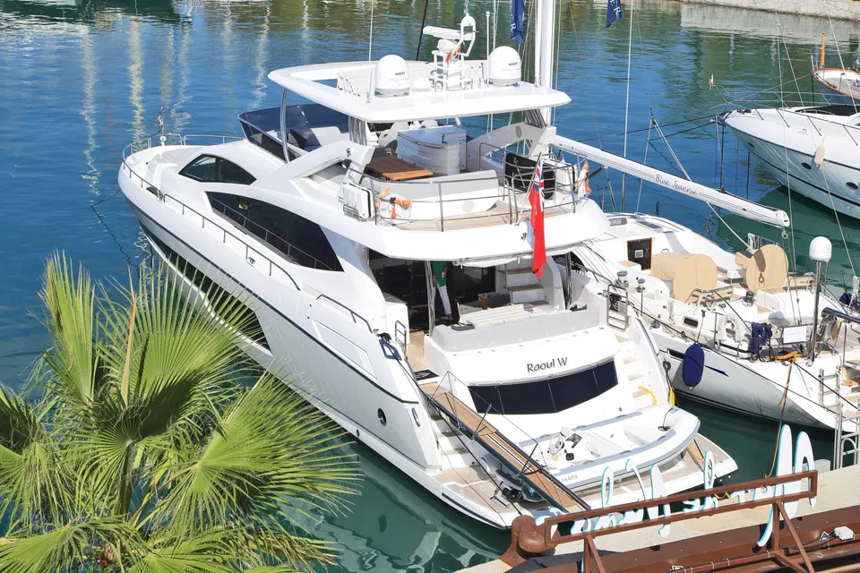 A closer look at the exterior of the Sunseeker yacht, docked in Palma Mallorca.
