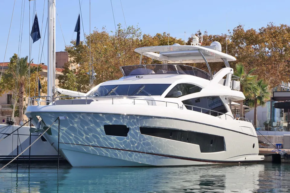 A closer look at the front of the Sunseeker yacht.